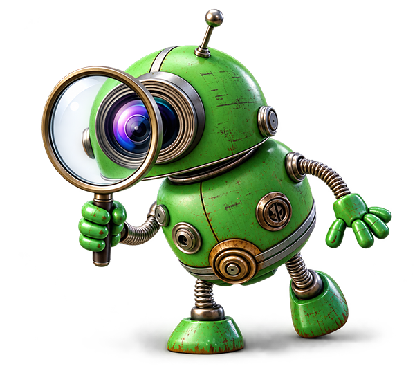 Green Robot Mascot inspecting catalogue